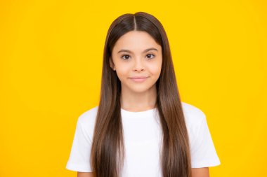 Mutlu ergen portresi. Güzel genç kız öğrenci. Tecrit edilmiş bir arka planda genç bir kızın portresi. Zeki liseli kız, inek akıllı çocuk. Gülümseyen kız