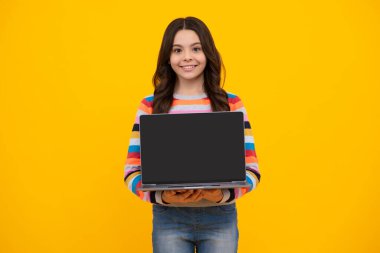 Heyecanlı bir yüz. Sarı arka planda izole edilmiş günlük kıyafetlerle dizüstü bilgisayarı olan zeki bir çocuk. Dizüstü bilgisayarın fotokopi alanı modeli. Mutlu gülümseyen liseli kız