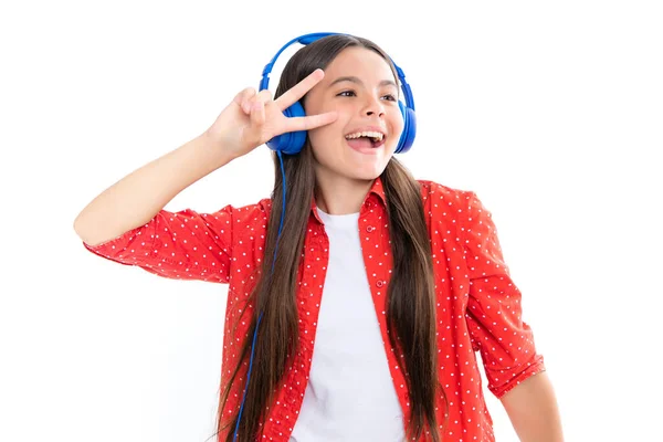 Niño Adolescente Escuchando Música Con Auriculares Chica Escuchando Canciones Través — Foto de Stock