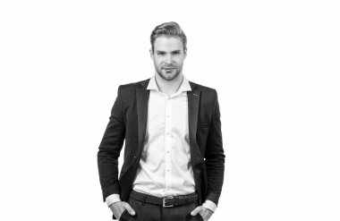 Adam kıdemsiz yönetici. İşletme müdürü beyazla izole edilmiş. Ciddi profesyonel bir adam. Formalite icabı çalışan bir erkek. CEO mu patron mu?.