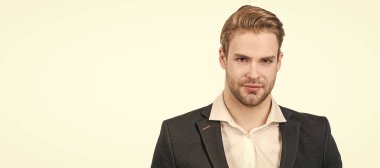 Qualified expert isolated on white. Ask the expert, copy space. Man face portrait, banner with copy space. Business man in suit, isolated studio background