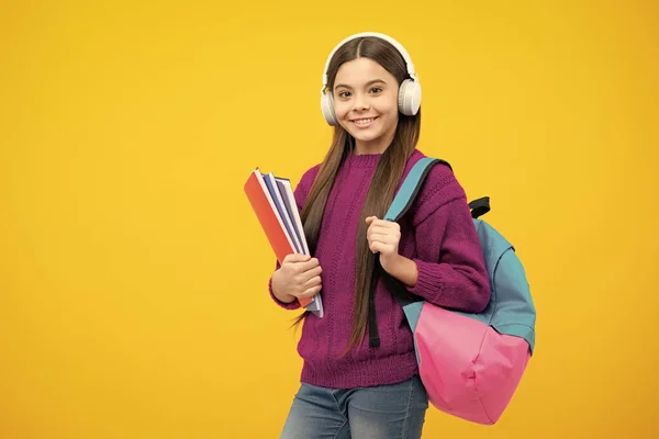 Schoolchild Teenage Student Girl Headphones School Bag Backpack Yellow Isolated — Φωτογραφία Αρχείου