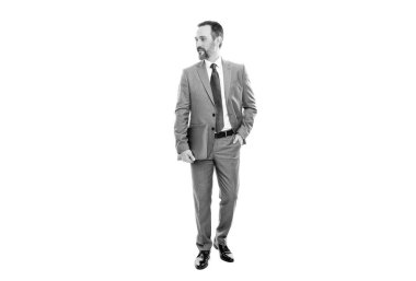 Gülümseyen patron dizüstü bilgisayarla yürüyor. Olgun bir iş adamı. İş başarısı. Bilgisayarlı programcı. Girişimci. Online ofis elimde. profesyonel ağ yöneticisiName.