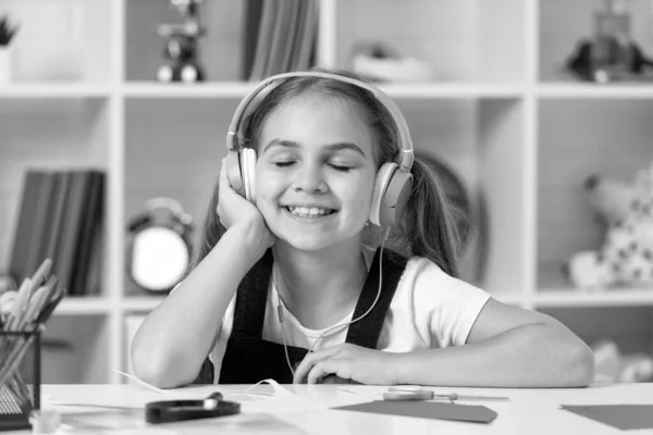 child in modern earphones. online education. back to school. happy teen girl in headphones. music lover. listen to music. wireless headset device accessory. new technology. childhood development.