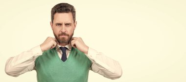 Man face portrait, banner with copy space. charismatic businessman in business casual style isolated on white background, male fashion