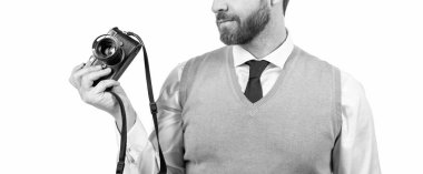 Profesyonel kameralı kırpılmış fotoğrafçı beyaz fotoşopta izole edilmiş..