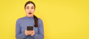 Woman isolated face portrait, banner with copy space. sms and instant messaging. businesswoman chat online. agile business blogging