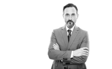 Saçları ağarmış özgüvenli patron. kopyalama alanı. Boz işadamı ellerini çapraz yaptı. İş başarısı. Takım elbiseli bir adam. Girişimci beyazı izole etti. Resmi moda. Profesyonel sakallı CEO..