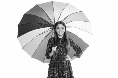 Sonbahar mevsiminde parlak renkli şemsiye altında mutlu genç kız beyaz, sonbahar izole.