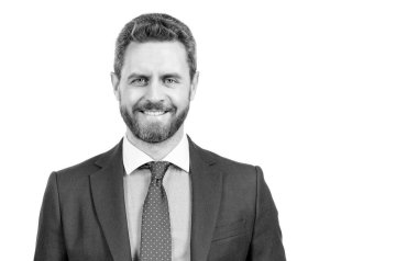 İyi bir avukat güvenebileceğin bir avukattır. Beyazların üzerinde izole edilmiş iş avukatı portresi. Mutlu hukuk profesörü. Gülen suratlı avukat. Yasal hizmetler, kopyalama alanı.