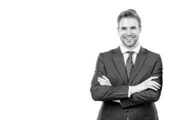 Im young professional. Confident professional employee isolated on white. Happy man keep arms crossed. Businessman in suit, copy space.
