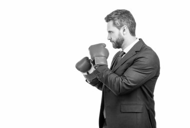 I fight because I can. Businessman ready to fight. Professional man in boxing position. Manager in boxing gloves and suit. Fighting employee stand sideway, copy space.