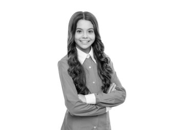 Neşeli çocuk portresi beyaz portrede izole edilmiş uzun kıvırcık saçlıdır..