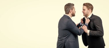 Man face portrait, banner with copy space. businessmen talking and discussing conflict. boss and employee. disagreed men partners