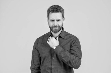 Kravat takmadan gündelik görünüş. Sakallı adam gri arka plan giyer. Havalı giyiniyor. Moda erkek giyim. Erkek modası. Sakin ol ve kıyafetimizi dene..