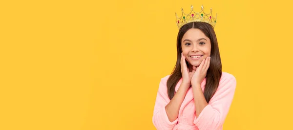 childhood happiness. good morning. princess beauty. selfish kid wear diadem. queen child. Child queen princess in crown horizontal poster design. Banner header, copy space
