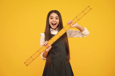 Okul kızı geometri dersi için ölçü tutuyor, sarı arka planda izole edilmiş. Ölçüm aletleri. Öğrenci matematiği okuyor. Heyecanlı bir yüz, neşeli genç bir kız.