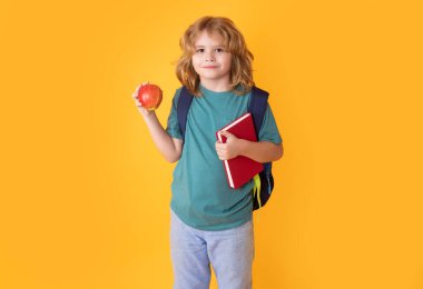 Okuldan bir çocuk. Okul üniformalı, çantalı, elma çantalı bir çocuk. Stüdyodaki okul çocukları sarı arka planda
