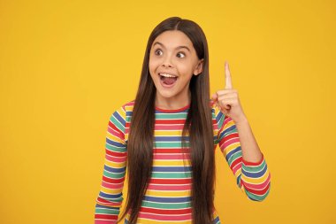 Heyecanlı genç kız. Kendine güvenen ve başarılı genç çocuk izole edilmiş sarı arka planda ve bir numaralı parmağı işaret ediyor. Çocuğun iyi bir fikri var.