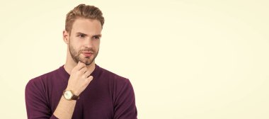 Same handsome. Handsome man isolated on white. Man face portrait, banner with copy space