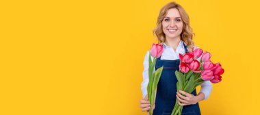 Sarı arka planda bahar lale çiçekleri olan önlüklü genç bir kadın. İzole edilmiş yüz portresi, taklit alanı olan pankart