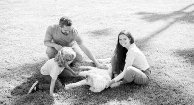 Mutlu ebeveynler ve küçük çocuk köpekle oynuyorlar. Anne, baba ve oğul birlikte rahatlayın. Evlat edinme ve sadaka. Aile günü. Arkadaşlık. Baba ve çocuk yeşil parkın çimlerinde. Dost canlısı bir aile.