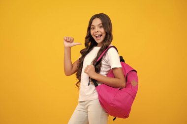 Okula dönelim. Öğrenmeye hazır liseli kız. Sarı arka plandaki okul çocukları