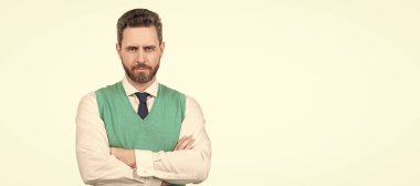 Man face portrait, banner with copy space. charismatic guy in formalwear crossed hands isolated on white background, copy space, confidence