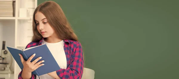 modern education. high school. schoolgirl with copybook. busy child read notebook. Banner of school girl student. Schoolgirl pupil portrait with copy space