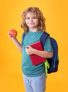 Back to school. School child with book and apple. Learning and knowledge. Go study. Education concept