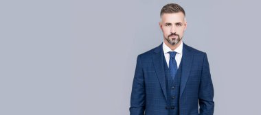 Man face portrait, banner with copy space. his own style. successful man in businesslike suit. entrepreneur or manager