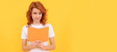 back to school. education and knowledge. woman reader reading. smiling female student. Woman isolated face portrait, banner with copy space