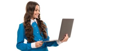 teen girl use laptop for blogging. webinar at online education. back to school. modern communication. check email. cheerful child study online. typing school blog on computer. kid on video lesson.