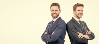 two happy business leaders in suit cross hands isolated on white, leadership. Man face portrait, banner with copy space