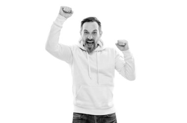 Ben çok mutluyum. İnsani duygular. Sakallı, olgun, mutlu bir adam. Son sınıf öğrencisi başarıyı beyazlar içinde kutluyor. Sarı kapüşonlu beyaz adam. Yetişkin adam mutluluğunu ifade eder. Erkek günlük spor modası.