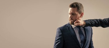 Man face portrait, banner with copy space. knockout. struggle for leadership. displeased colleague dispute. negotiations. businessmen fighting
