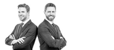 two happy business leaders in suit cross hands isolated on white, leadership. Man face portrait, banner with copy space