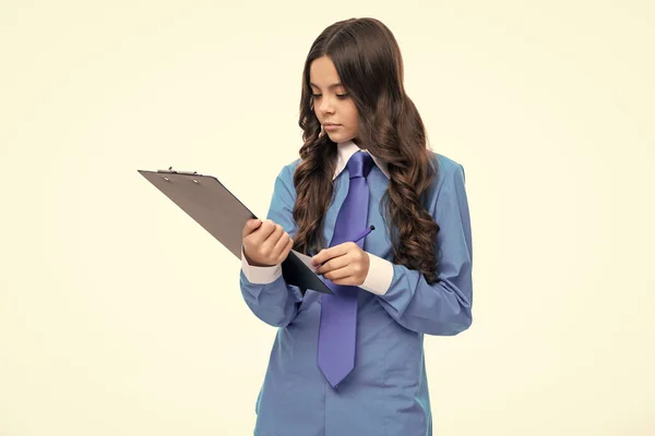 Teenage girl looking at job list on clipboard on white background