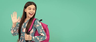 - Merhaba. Okula dönüyorum. Bilgi günü. Eğitim konsepti. Uzun saçlı güzel bir çocuk. Liseli kız öğrencinin yatay izole edilmiş posteri. Liseli kızların afiş başlığı fotokopi alanı