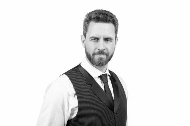 Erkek modası. Erkek güzelliği. Boz adam portresi. Sakallı, olgun, zarif bir adam. Saç ve sakal bakımı. Resmi iş adamı beyazdan soyutlanmış. Kendine güvenen ve bıyıklı yakışıklı bir adam..