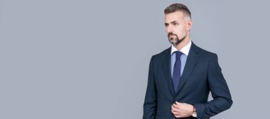 Man face portrait, banner with copy space. male formal fashion. professional unshaven ceo. confident grizzled boss. copy space
