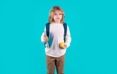 Kid from elementary school. School child boy in school uniform with bagpack book and apple. School children on studio isolated blue background