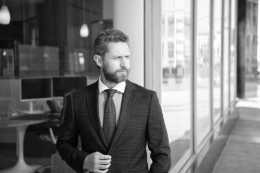 Formalite içinde olgun bir iş adamı. İş başarısı. Takım elbiseli başarılı bir adam. Girişimci. Erkek resmi moda. Profesyonel CEO başka tarafa bakıyor. Kendine güvenen iş adamı kravat.