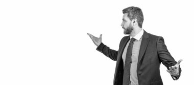 İnsan yüzü portresi, kopyalama alanı olan pankart, beyaz üzerine izole edilmiş.