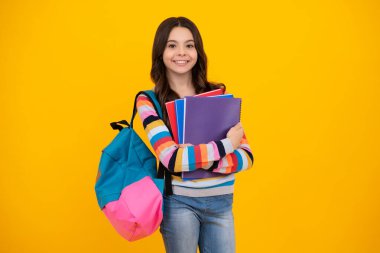 12, 13, 14 yaşlarındaki okul çocuğu. Kitapları ve defterleri var. Tecrit edilmiş bir geçmişi olan genç bir kız öğrenci. Öğrenme ve bilgi eğitimi kavramı. Mutlu genç kız.