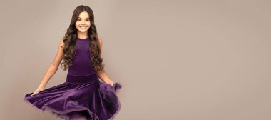 beauty and fashion. childhood. dancewear fashion clothes. cute teen girl junior ballroom dancer. Child face, horizontal poster, teenager girl isolated portrait, banner with copy space