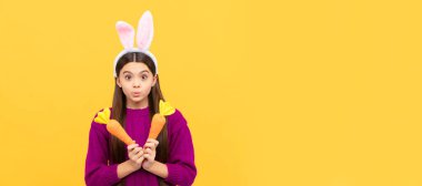 what a surprise. just having fun. ready for party. happy childhood. amazed bunny kid. Easter child horizontal poster. Web banner header of bunny kid, copy space