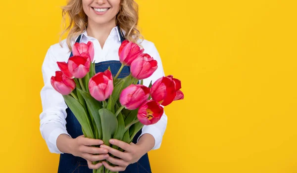 positive flower seller woman in apron with spring tulip flowers on yellow background.