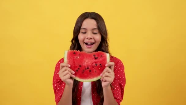 Amazed Child Going Eat Water Melon Slice Yellow Background Yummy — Vídeo de stock