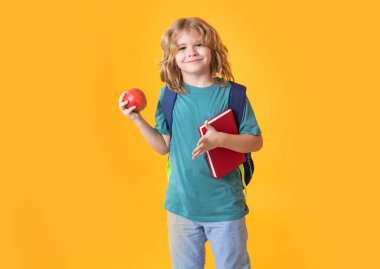 School boy with backpack book and apple. Little student on yellow isolated background. Learning, education and knowledge